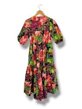 FARM Rio Black Floral Midi Dress with Pink, Green and Orange Blooms
